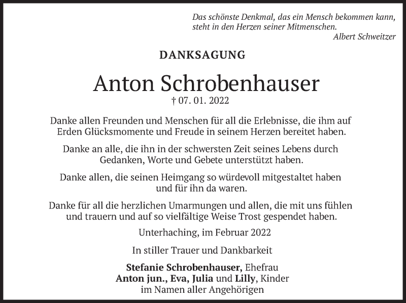  Traueranzeige für Anton Schrobenhauser vom 12.02.2022 aus merkurtz