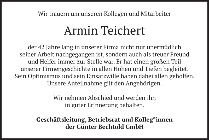  Traueranzeige für Armin Teichert vom 04.02.2022 aus merkurtz