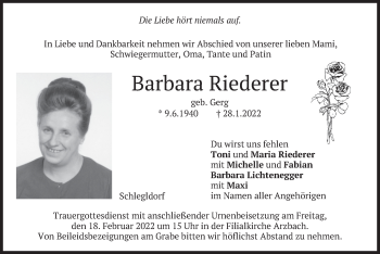 Traueranzeige von Barbara Riederer von merkurtz