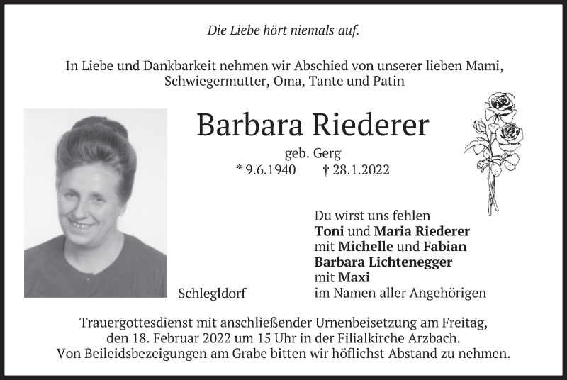  Traueranzeige für Barbara Riederer vom 16.02.2022 aus merkurtz