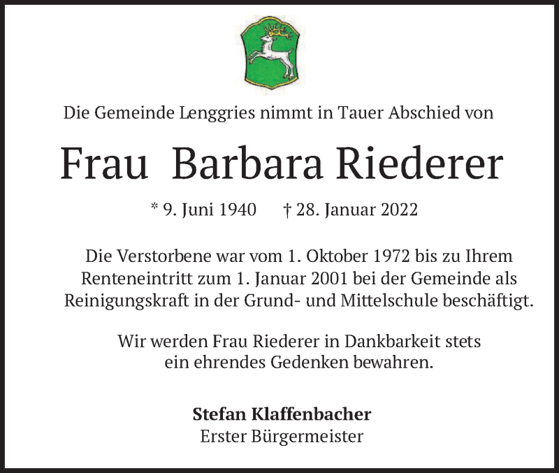  Traueranzeige für Barbara Riederer vom 04.02.2022 aus merkurtz