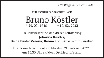 Traueranzeige von Bruno Köstler von merkurtz