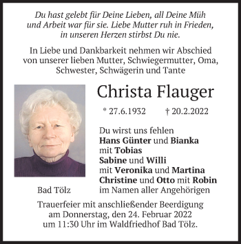Traueranzeige von Christa Flauger von merkurtz