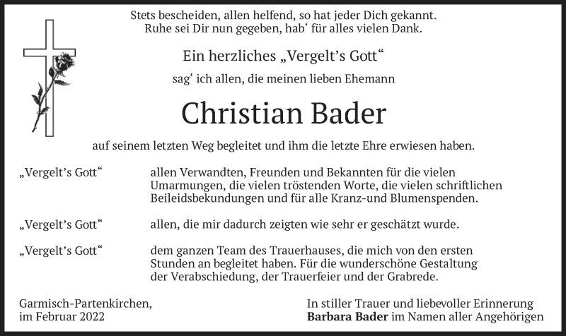  Traueranzeige für Christian Bader vom 12.02.2022 aus merkurtz