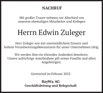 Traueranzeige von Edwin Zuleger von merkurtz