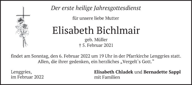  Traueranzeige für Elisabeth Bichlmair vom 04.02.2022 aus merkurtz