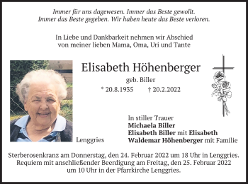 Traueranzeige von Elisabeth Höhenberger von merkurtz
