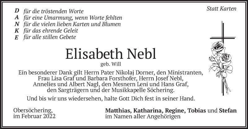  Traueranzeige für Elisabeth Nebl vom 08.02.2022 aus merkurtz