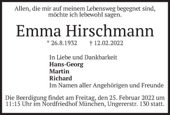 Traueranzeige von Emma Hirschmann von merkurtz