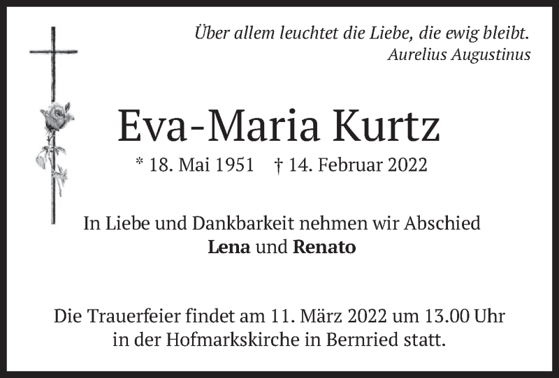  Traueranzeige für Eva-Maria Kurtz vom 26.02.2022 aus merkurtz