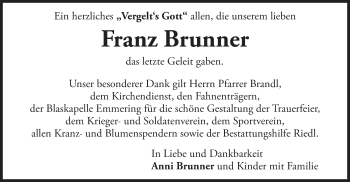 Traueranzeige von Franz Brunner