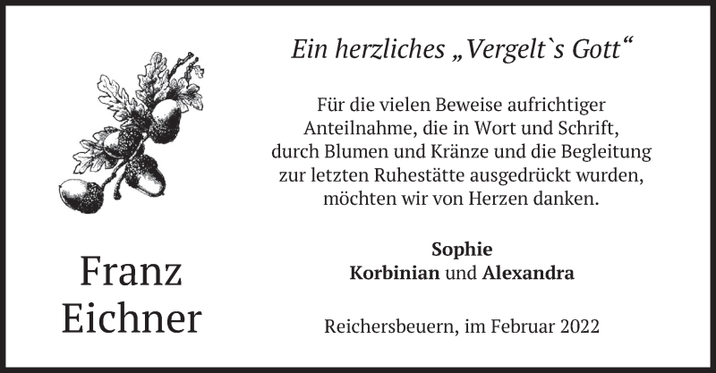  Traueranzeige für Franz Eichner vom 05.02.2022 aus merkurtz