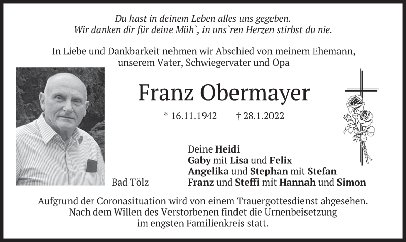  Traueranzeige für Franz Obermayer vom 05.02.2022 aus merkurtz