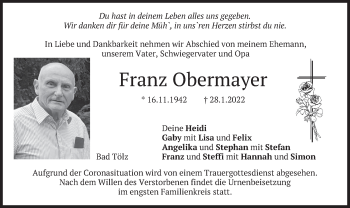 Traueranzeige von Franz Obermayer von merkurtz