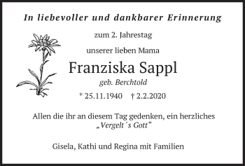 Traueranzeige von Franziska  Sappl von merkurtz