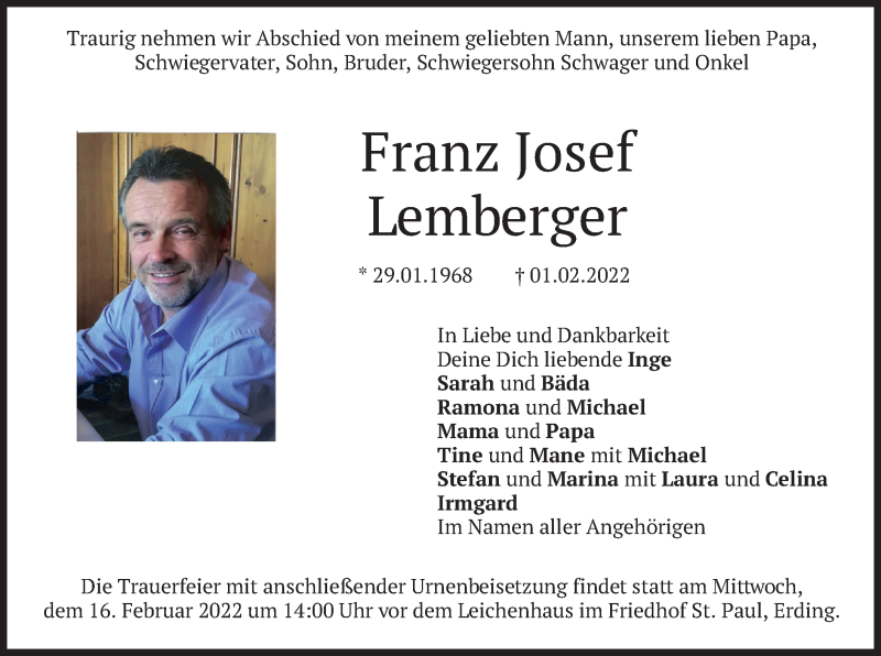  Traueranzeige für Franz Josef Lemberger vom 14.02.2022 aus merkurtz