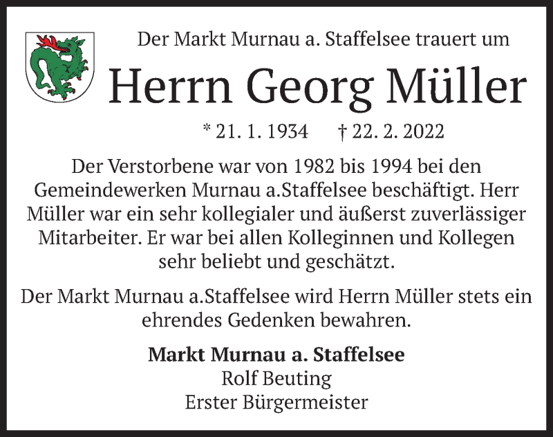  Traueranzeige für Georg Müller vom 26.02.2022 aus merkurtz