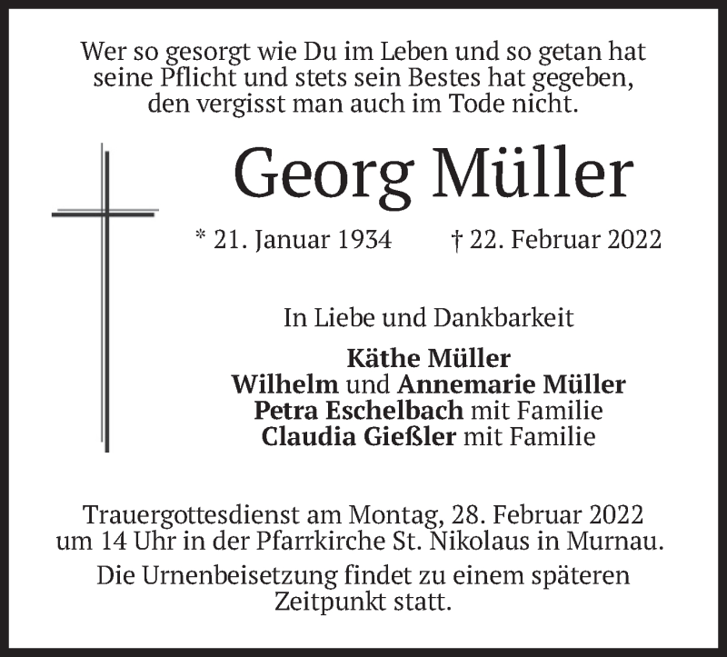  Traueranzeige für Georg Müller vom 24.02.2022 aus merkurtz
