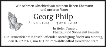Traueranzeige von Georg Philp von merkurtz