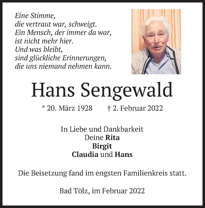  Traueranzeige für Hans Sengewald vom 19.02.2022 aus merkurtz