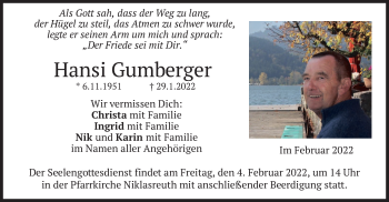 Traueranzeige von Hansi Gumberger von merkurtz