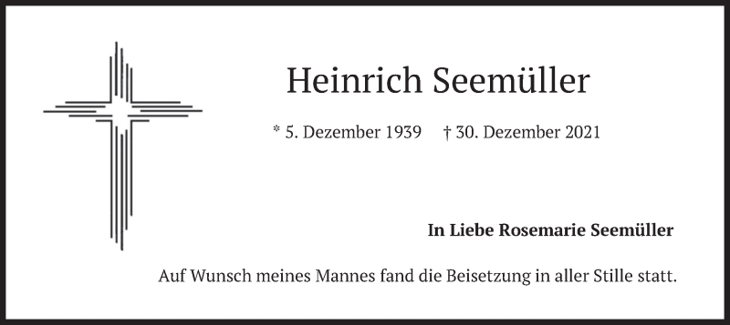  Traueranzeige für Heinrich Seemüller vom 17.02.2022 aus merkurtz