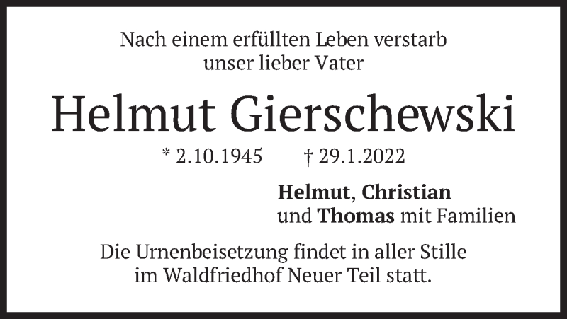  Traueranzeige für Helmut Gierschewski vom 12.02.2022 aus merkurtz