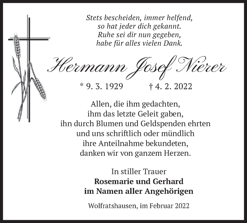  Traueranzeige für Hermann Josef Nierer vom 26.02.2022 aus merkurtz