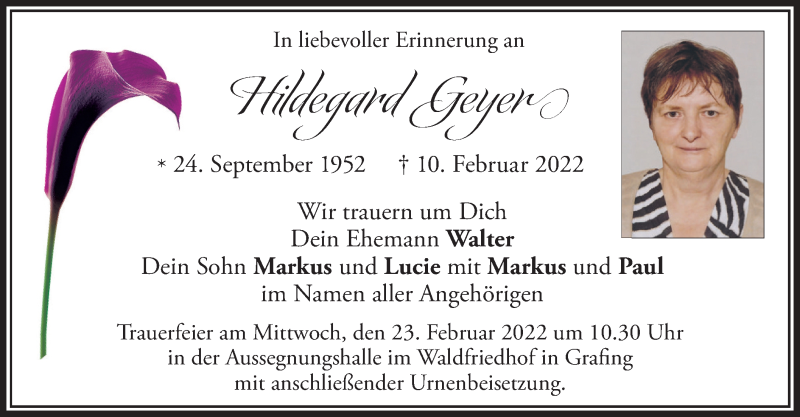  Traueranzeige für Hildegard Geyer vom 19.02.2022 aus merkurtz