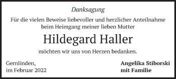 Traueranzeige von Hildegard Haller von merkurtz