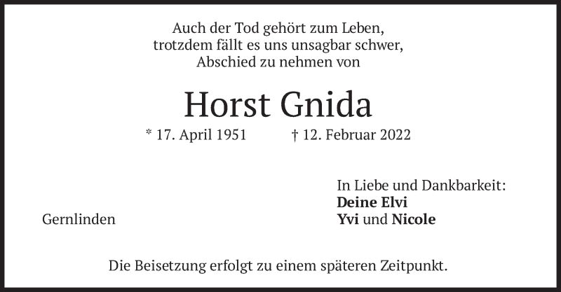 Traueranzeige für Horst Gnida vom 16.02.2022 aus merkurtz