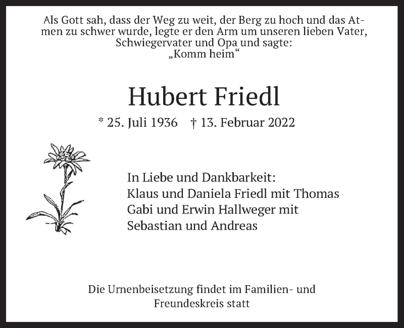  Traueranzeige für Hubert Friedl vom 19.02.2022 aus merkurtz