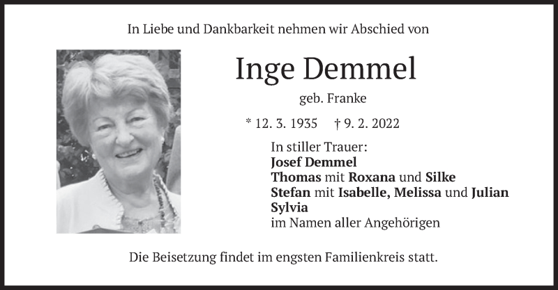 Traueranzeige für Inge Demmel vom 26.02.2022 aus merkurtz