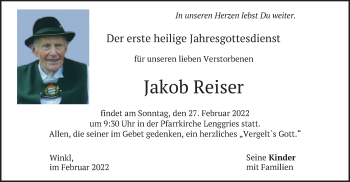 Traueranzeige von Jakob Reiser von merkurtz