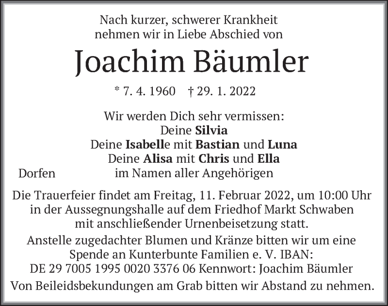  Traueranzeige für Joachim Bäumler vom 05.02.2022 aus merkurtz