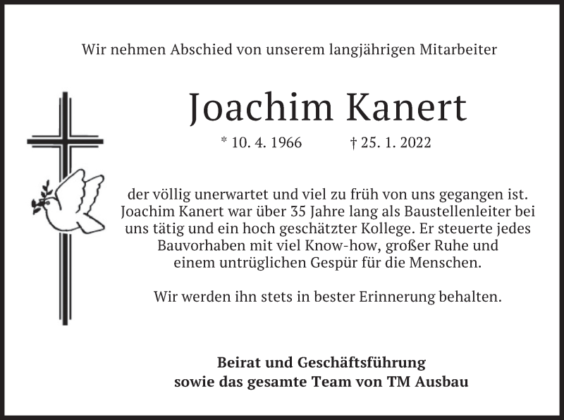  Traueranzeige für Joachim Kanert vom 03.02.2022 aus merkurtz