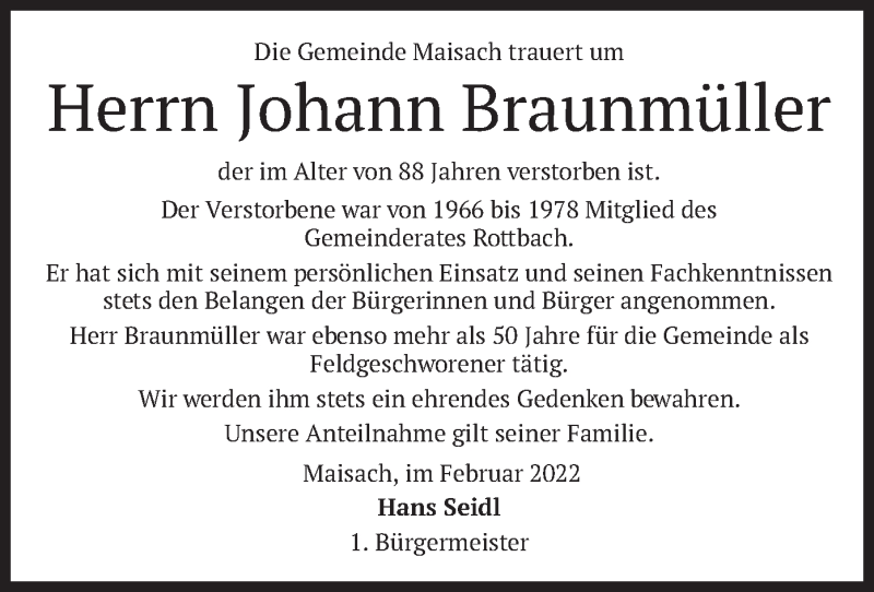  Traueranzeige für Johann Braunmüller vom 19.02.2022 aus merkurtz