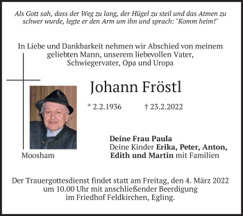Traueranzeige von Johann Fröstl von merkurtz
