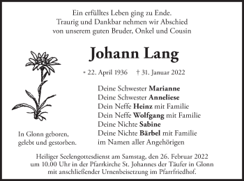 Traueranzeige von Johann Lang