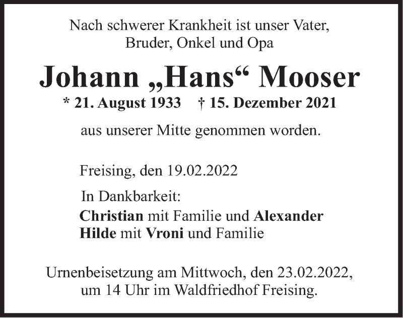  Traueranzeige für Johann Mooser vom 19.02.2022 aus merkurtz