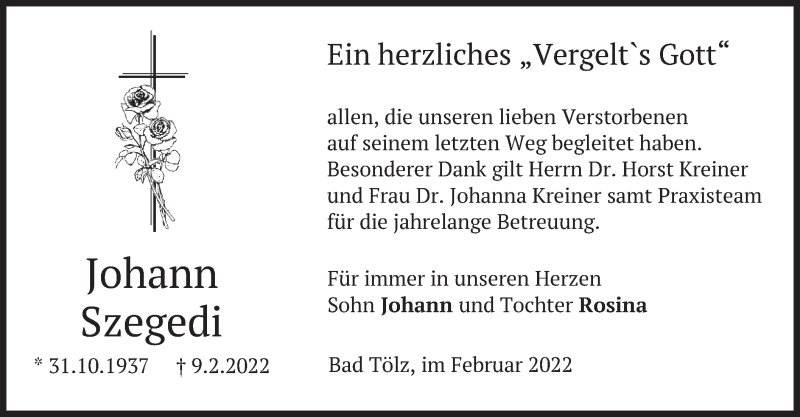  Traueranzeige für Johann Szegedi vom 19.02.2022 aus merkurtz