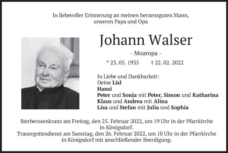  Traueranzeige für Johann Walser vom 24.02.2022 aus merkurtz
