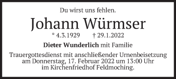 Traueranzeige von Johann Würmser von merkurtz