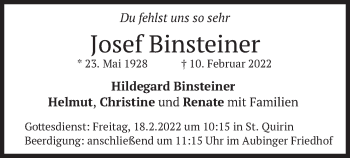 Traueranzeige von Josef Binsteiner von merkurtz