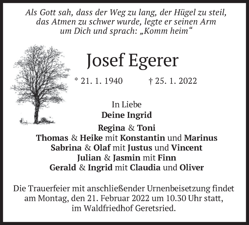  Traueranzeige für Josef Egerer vom 12.02.2022 aus merkurtz