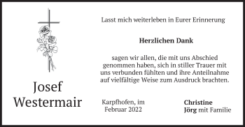 Traueranzeige von Josef Westermair von merkurtz