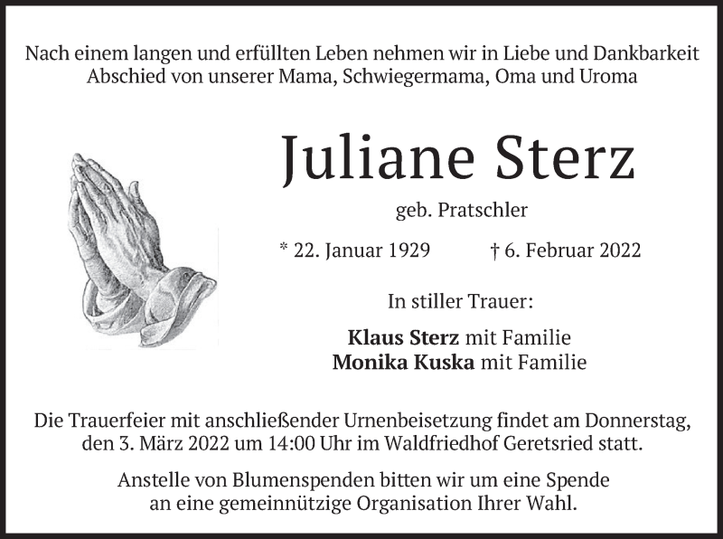  Traueranzeige für Juliane Sterz vom 12.02.2022 aus merkurtz