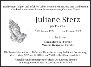 Traueranzeige von Juliane Sterz von merkurtz