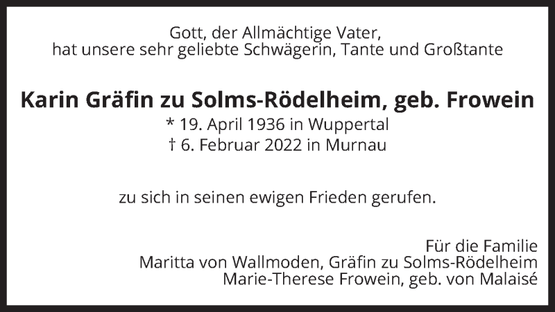  Traueranzeige für Karin Gräfin zu Solms-Rödelheim vom 09.02.2022 aus merkurtz