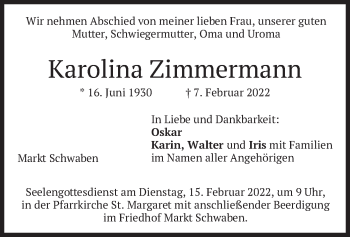 Traueranzeige von Karolina Zimmermann von merkurtz